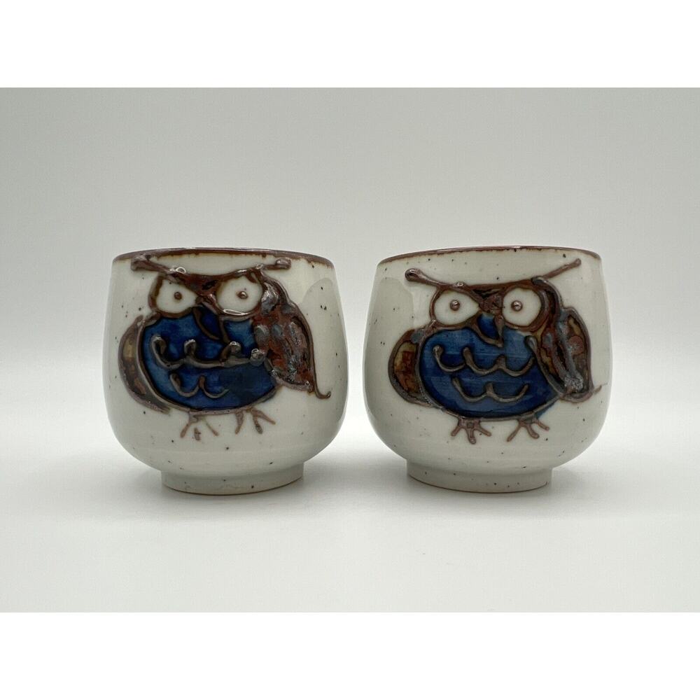 Glazed Pottery 4 oz. Owl Teacups Sake Cups Blue Brown & White Set of 2